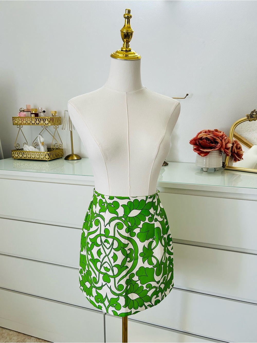 Green Floral Print Mini Skirt - Bold Graphic A-Line